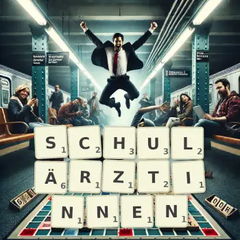 Kreative Illustration für ein Scrabble-Spiel, bei dem das Wort SCHULÄRZTINNEN mit Steinen auf dem Brett gelegt wurde.