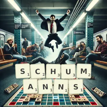 Kreative Illustration für ein Scrabble-Spiel, bei dem das Wort SCHUMANNS mit Steinen auf dem Brett gelegt wurde.
