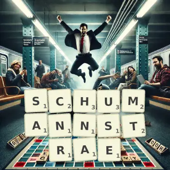 Kreative Illustration für ein Scrabble-Spiel, bei dem das Wort SCHUMANNSTRAE mit Steinen auf dem Brett gelegt wurde.
