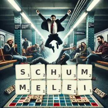 Kreative Illustration für ein Scrabble-Spiel, bei dem das Wort SCHUMMELEI mit Steinen auf dem Brett gelegt wurde.
