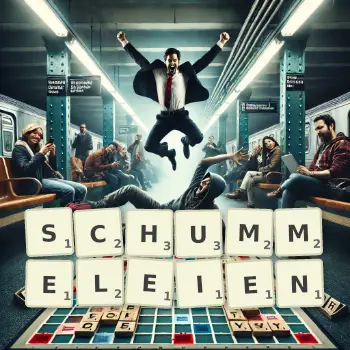 Kreative Illustration für ein Scrabble-Spiel, bei dem das Wort SCHUMMELEIEN mit Steinen auf dem Brett gelegt wurde.