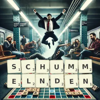 Kreative Illustration für ein Scrabble-Spiel, bei dem das Wort SCHUMMELNDEN mit Steinen auf dem Brett gelegt wurde.