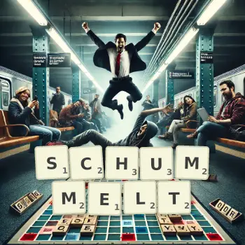 Kreative Illustration für ein Scrabble-Spiel, bei dem das Wort SCHUMMELT mit Steinen auf dem Brett gelegt wurde.