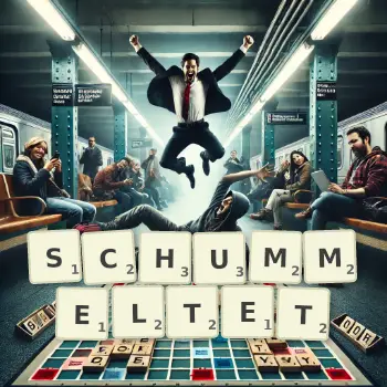 Kreative Illustration für ein Scrabble-Spiel, bei dem das Wort SCHUMMELTET mit Steinen auf dem Brett gelegt wurde.
