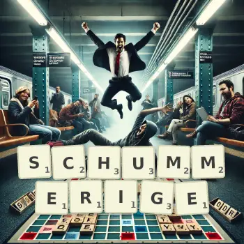 Kreative Illustration für ein Scrabble-Spiel, bei dem das Wort SCHUMMERIGE mit Steinen auf dem Brett gelegt wurde.