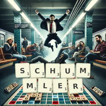 Kreative Illustration für ein Scrabble-Spiel, bei dem das Wort SCHUMMLER mit Steinen auf dem Brett gelegt wurde.