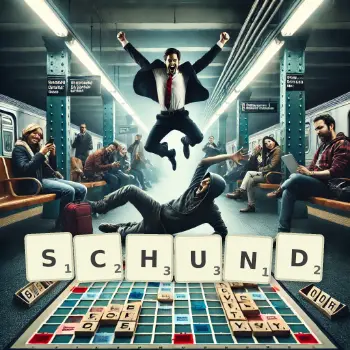 Kreative Illustration für ein Scrabble-Spiel, bei dem das Wort SCHUND mit Steinen auf dem Brett gelegt wurde.