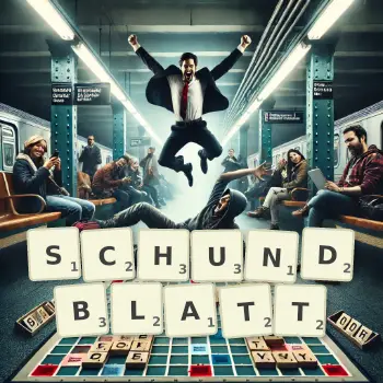 Kreative Illustration für ein Scrabble-Spiel, bei dem das Wort SCHUNDBLATT mit Steinen auf dem Brett gelegt wurde.