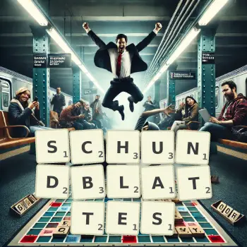 Kreative Illustration für ein Scrabble-Spiel, bei dem das Wort SCHUNDBLATTES mit Steinen auf dem Brett gelegt wurde.