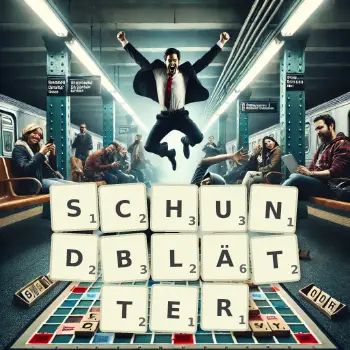 Kreative Illustration für ein Scrabble-Spiel, bei dem das Wort SCHUNDBLÄTTER mit Steinen auf dem Brett gelegt wurde.