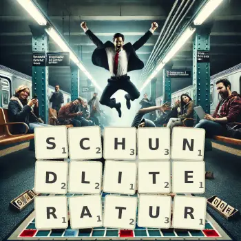 Kreative Illustration für ein Scrabble-Spiel, bei dem das Wort SCHUNDLITERATUR mit Steinen auf dem Brett gelegt wurde.