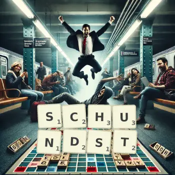 Kreative Illustration für ein Scrabble-Spiel, bei dem das Wort SCHUNDST mit Steinen auf dem Brett gelegt wurde.