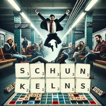 Kreative Illustration für ein Scrabble-Spiel, bei dem das Wort SCHUNKELNS mit Steinen auf dem Brett gelegt wurde.