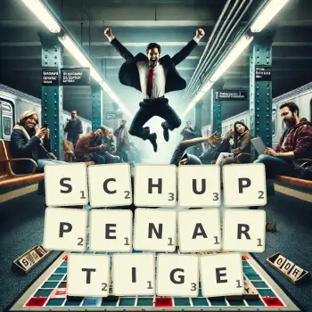Kreative Illustration für ein Scrabble-Spiel, bei dem das Wort SCHUPPENARTIGE mit Steinen auf dem Brett gelegt wurde.