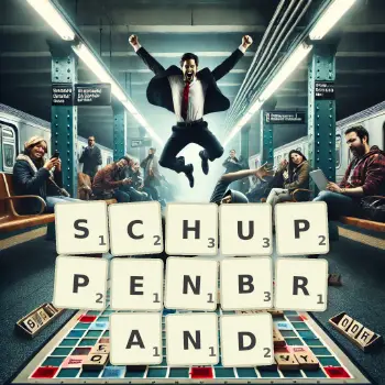 Kreative Illustration für ein Scrabble-Spiel, bei dem das Wort SCHUPPENBRAND mit Steinen auf dem Brett gelegt wurde.