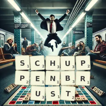 Kreative Illustration für ein Scrabble-Spiel, bei dem das Wort SCHUPPENBRUST mit Steinen auf dem Brett gelegt wurde.