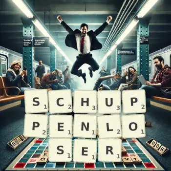 Kreative Illustration für ein Scrabble-Spiel, bei dem das Wort SCHUPPENLOSER mit Steinen auf dem Brett gelegt wurde.