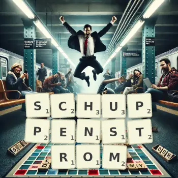 Kreative Illustration für ein Scrabble-Spiel, bei dem das Wort SCHUPPENSTROM mit Steinen auf dem Brett gelegt wurde.