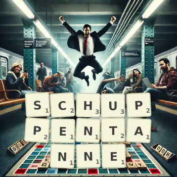 Kreative Illustration für ein Scrabble-Spiel, bei dem das Wort SCHUPPENTANNE mit Steinen auf dem Brett gelegt wurde.