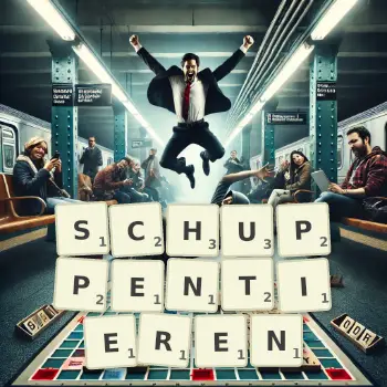 Kreative Illustration für ein Scrabble-Spiel, bei dem das Wort SCHUPPENTIEREN mit Steinen auf dem Brett gelegt wurde.