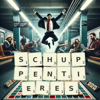 Kreative Illustration für ein Scrabble-Spiel, bei dem das Wort SCHUPPENTIERES mit Steinen auf dem Brett gelegt wurde.
