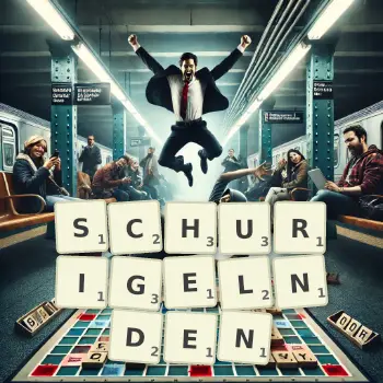 Kreative Illustration für ein Scrabble-Spiel, bei dem das Wort SCHURIGELNDEN mit Steinen auf dem Brett gelegt wurde.