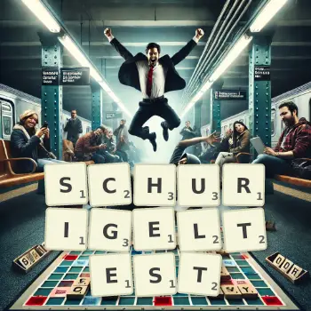 Kreative Illustration für ein Scrabble-Spiel, bei dem das Wort SCHURIGELTEST mit Steinen auf dem Brett gelegt wurde.