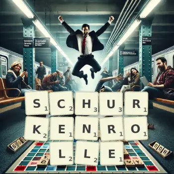 Kreative Illustration für ein Scrabble-Spiel, bei dem das Wort SCHURKENROLLE mit Steinen auf dem Brett gelegt wurde.