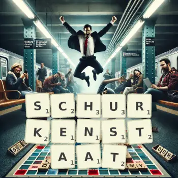 Kreative Illustration für ein Scrabble-Spiel, bei dem das Wort SCHURKENSTAAT mit Steinen auf dem Brett gelegt wurde.