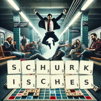 Kreative Illustration für ein Scrabble-Spiel, bei dem das Wort SCHURKISCHES mit Steinen auf dem Brett gelegt wurde.