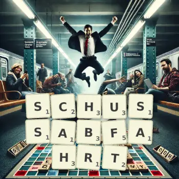 Kreative Illustration für ein Scrabble-Spiel, bei dem das Wort SCHUSSABFAHRT mit Steinen auf dem Brett gelegt wurde.