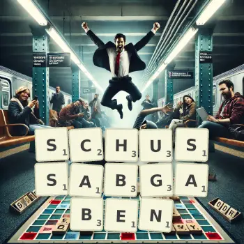 Kreative Illustration für ein Scrabble-Spiel, bei dem das Wort SCHUSSABGABEN mit Steinen auf dem Brett gelegt wurde.