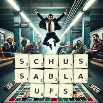 Kreative Illustration für ein Scrabble-Spiel, bei dem das Wort SCHUSSABLAUFS mit Steinen auf dem Brett gelegt wurde.