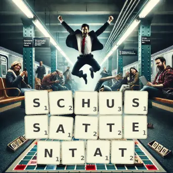 Kreative Illustration für ein Scrabble-Spiel, bei dem das Wort SCHUSSATTENTAT mit Steinen auf dem Brett gelegt wurde.