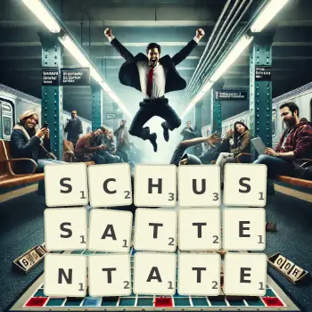 Kreative Illustration für ein Scrabble-Spiel, bei dem das Wort SCHUSSATTENTATE mit Steinen auf dem Brett gelegt wurde.