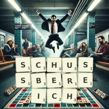 Kreative Illustration für ein Scrabble-Spiel, bei dem das Wort SCHUSSBEREICH mit Steinen auf dem Brett gelegt wurde.