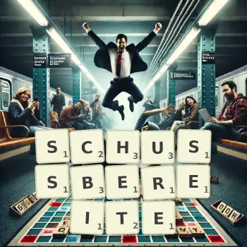 Kreative Illustration für ein Scrabble-Spiel, bei dem das Wort SCHUSSBEREITE mit Steinen auf dem Brett gelegt wurde.