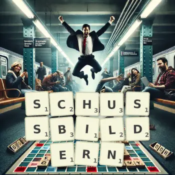 Kreative Illustration für ein Scrabble-Spiel, bei dem das Wort SCHUSSBILDERN mit Steinen auf dem Brett gelegt wurde.