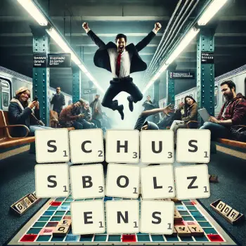 Kreative Illustration für ein Scrabble-Spiel, bei dem das Wort SCHUSSBOLZENS mit Steinen auf dem Brett gelegt wurde.