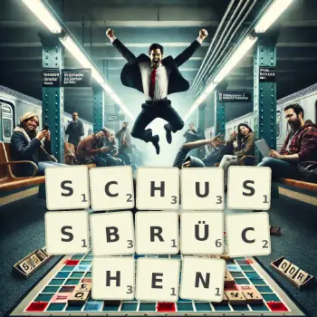 Kreative Illustration für ein Scrabble-Spiel, bei dem das Wort SCHUSSBRÜCHEN mit Steinen auf dem Brett gelegt wurde.