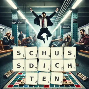 Kreative Illustration für ein Scrabble-Spiel, bei dem das Wort SCHUSSDICHTEN mit Steinen auf dem Brett gelegt wurde.