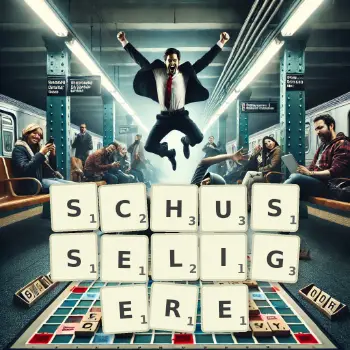 Kreative Illustration für ein Scrabble-Spiel, bei dem das Wort SCHUSSELIGERE mit Steinen auf dem Brett gelegt wurde.