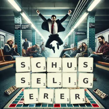 Kreative Illustration für ein Scrabble-Spiel, bei dem das Wort SCHUSSELIGERER mit Steinen auf dem Brett gelegt wurde.