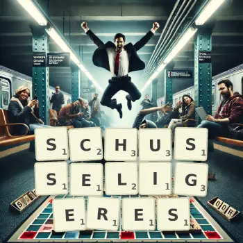 Kreative Illustration für ein Scrabble-Spiel, bei dem das Wort SCHUSSELIGERES mit Steinen auf dem Brett gelegt wurde.