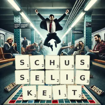 Kreative Illustration für ein Scrabble-Spiel, bei dem das Wort SCHUSSELIGKEIT mit Steinen auf dem Brett gelegt wurde.