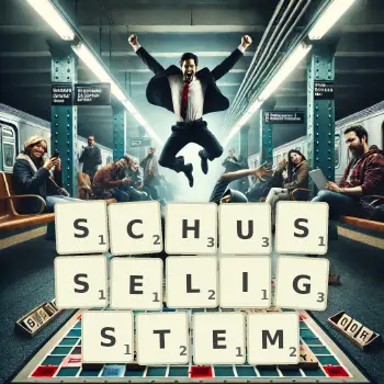 Kreative Illustration für ein Scrabble-Spiel, bei dem das Wort SCHUSSELIGSTEM mit Steinen auf dem Brett gelegt wurde.