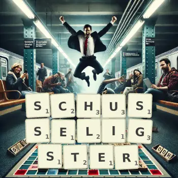 Kreative Illustration für ein Scrabble-Spiel, bei dem das Wort SCHUSSELIGSTER mit Steinen auf dem Brett gelegt wurde.