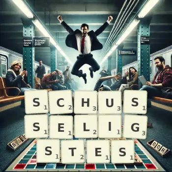 Kreative Illustration für ein Scrabble-Spiel, bei dem das Wort SCHUSSELIGSTES mit Steinen auf dem Brett gelegt wurde.