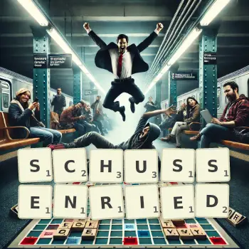 Kreative Illustration für ein Scrabble-Spiel, bei dem das Wort SCHUSSENRIED mit Steinen auf dem Brett gelegt wurde.