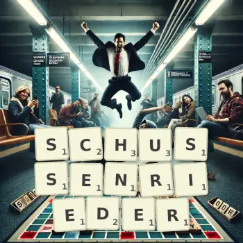 Kreative Illustration für ein Scrabble-Spiel, bei dem das Wort SCHUSSENRIEDER mit Steinen auf dem Brett gelegt wurde.